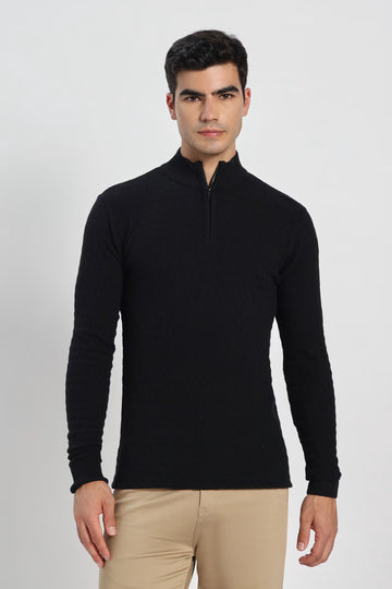 Rauth Men's Solid Half-Zip High Neck Full Sleeve Casual Knitted T-Shirt / Sweater