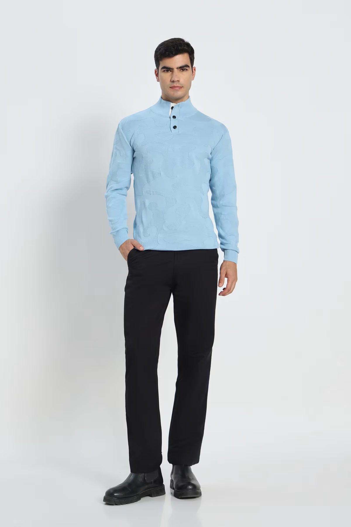 Rauth Men Textured Knitted Mock Neck Full Sleeve Casual T-Shirt / Sweater