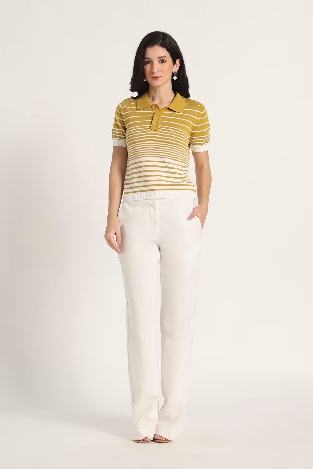 Rauth Women’s Striped Polo Neck T-Shirt Half Sleeve Knitted Top Regular Fit Casual Stylish Ribbed Collar Button Placket T-Shirt for Women
