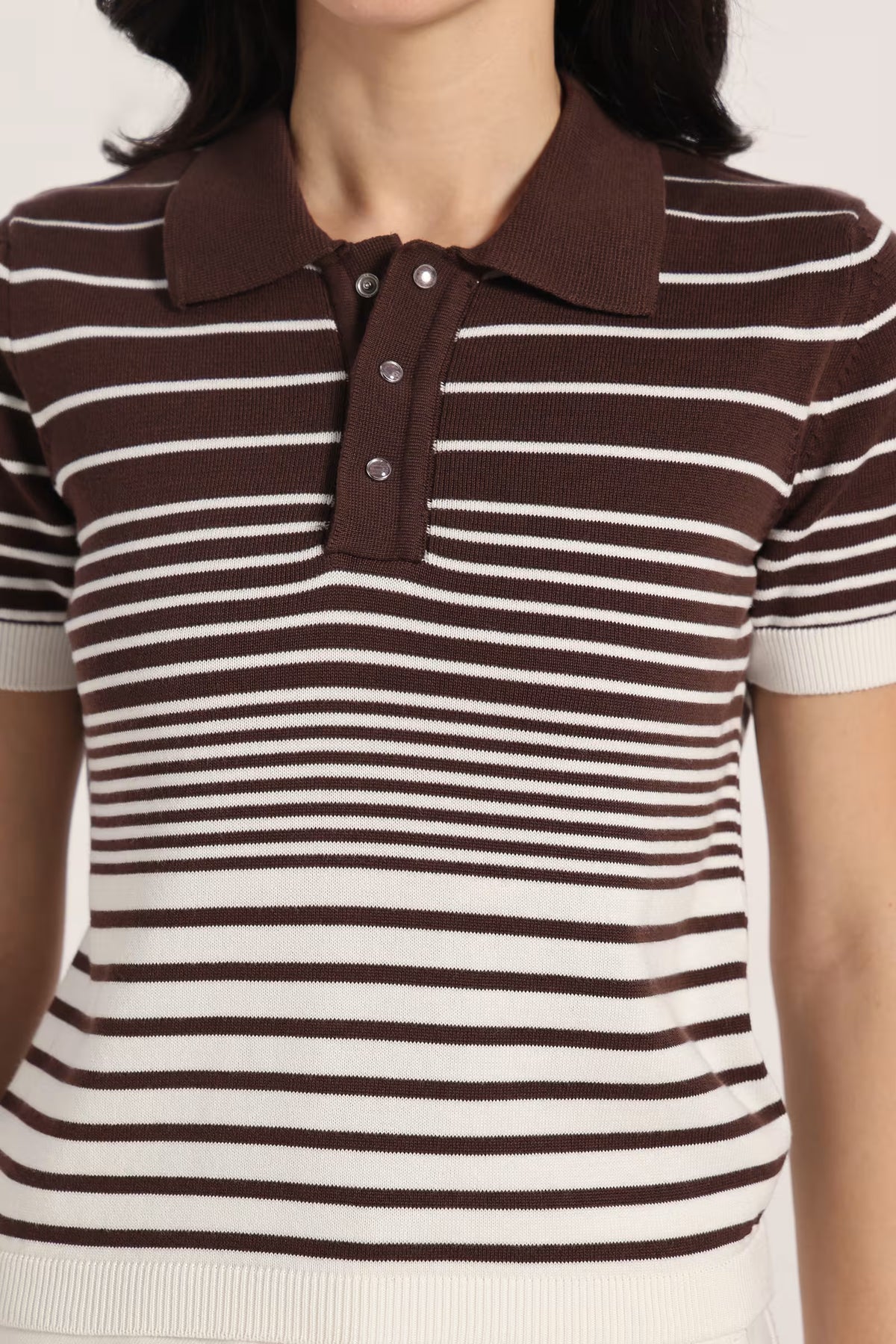 Rauth Women’s Striped Polo Neck T-Shirt Half Sleeve Knitted Top Regular Fit Casual Stylish Ribbed Collar Button Placket T-Shirt for Women
