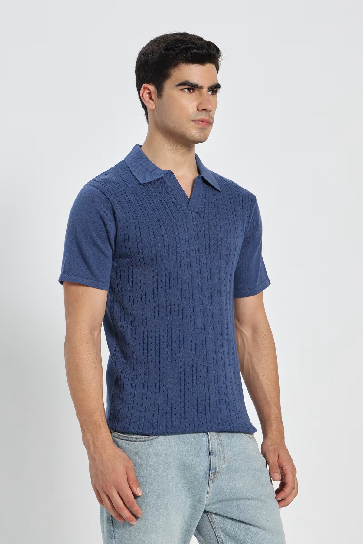 Rauth Men Cable Knitted Textured Polo Collar Casual T-Shirt