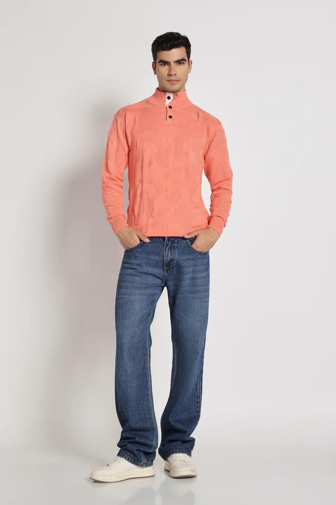 Rauth Men Textured Knitted Mock Neck Full Sleeve Casual T-Shirt / Sweater