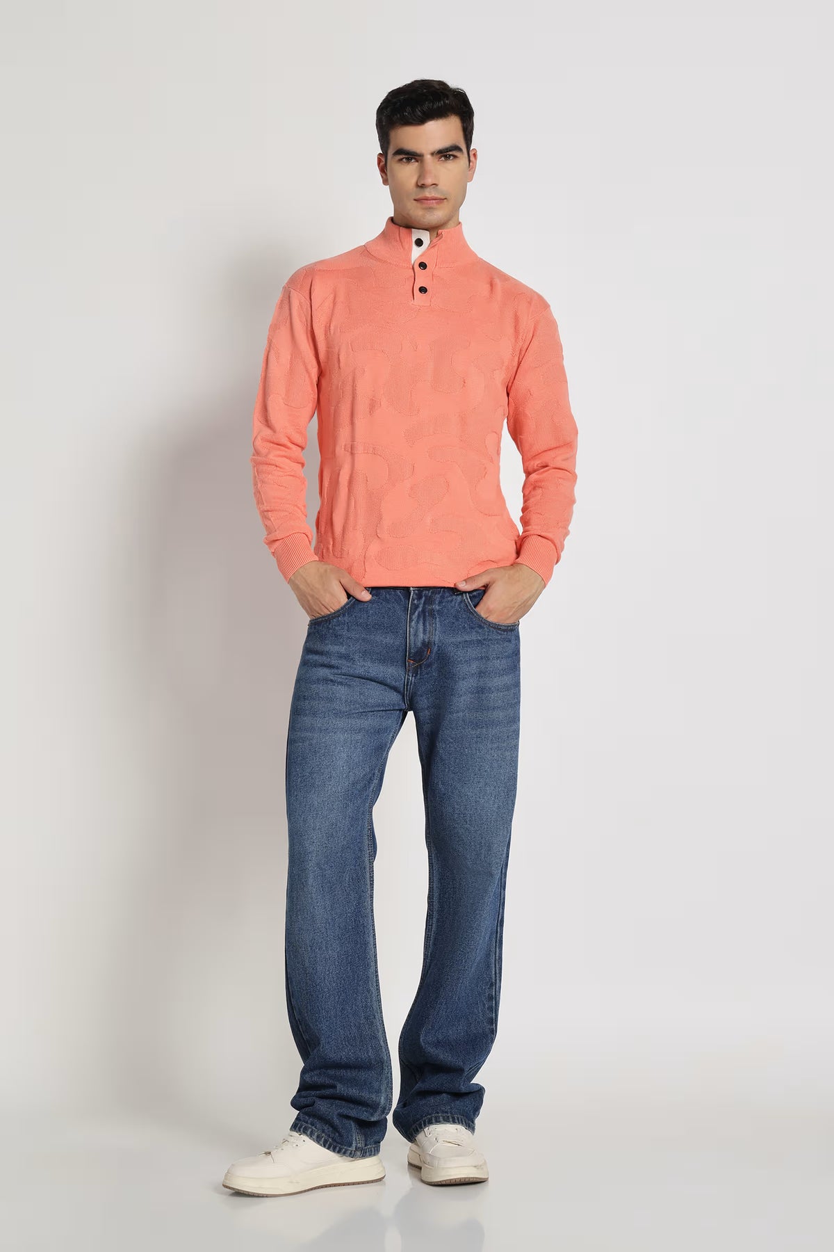 Rauth Men Textured Knitted Mock Neck Full Sleeve Casual T-Shirt / Sweater