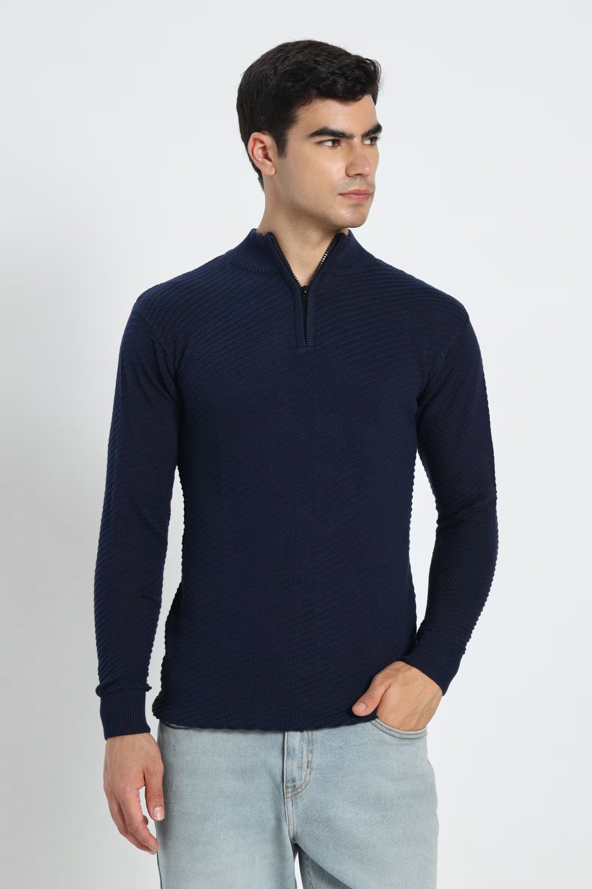 Rauth Men's Solid Half-Zip High Neck Full Sleeve Casual Knitted T-Shirt / Sweater