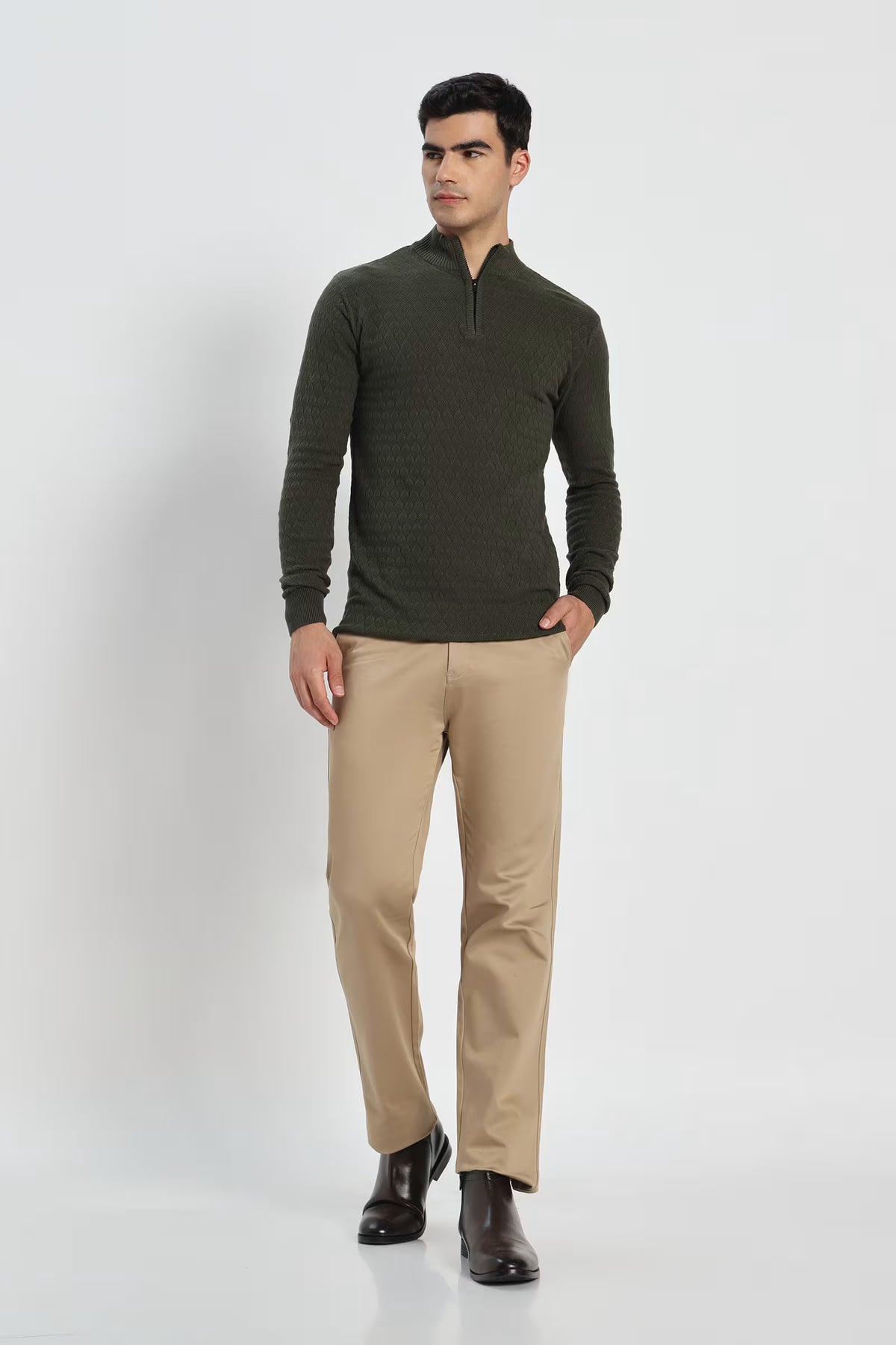 Rauth Men's Solid Half-Zip High Neck Full Sleeve Casual Knitted T-Shirt / Sweater