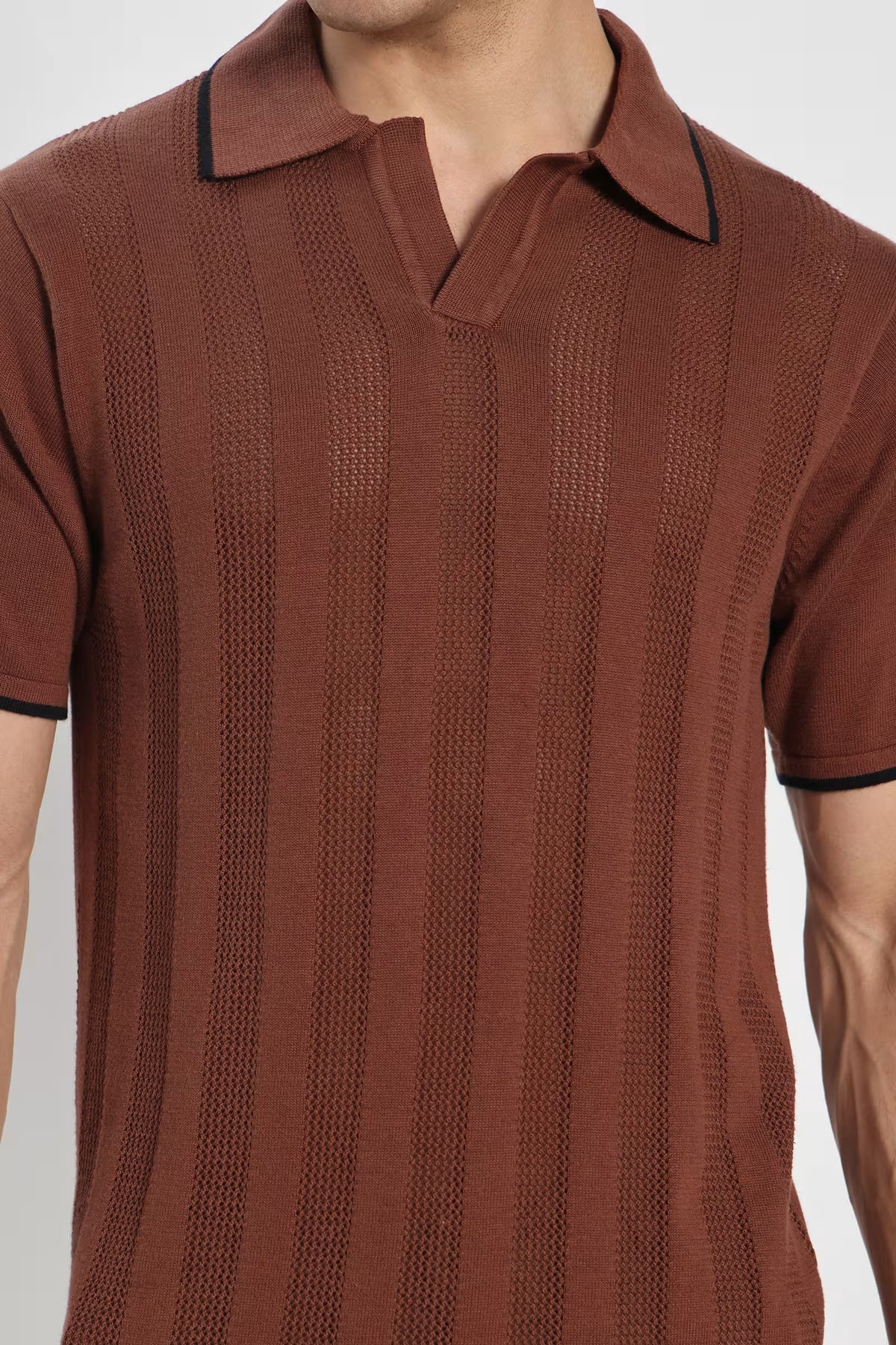 Rauth Men Striped Textured Knitted Polo Collar Casual T-Shirt