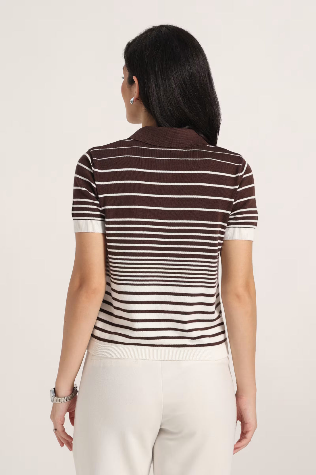 Rauth Women’s Striped Polo Neck T-Shirt Half Sleeve Knitted Top Regular Fit Casual Stylish Ribbed Collar Button Placket T-Shirt for Women