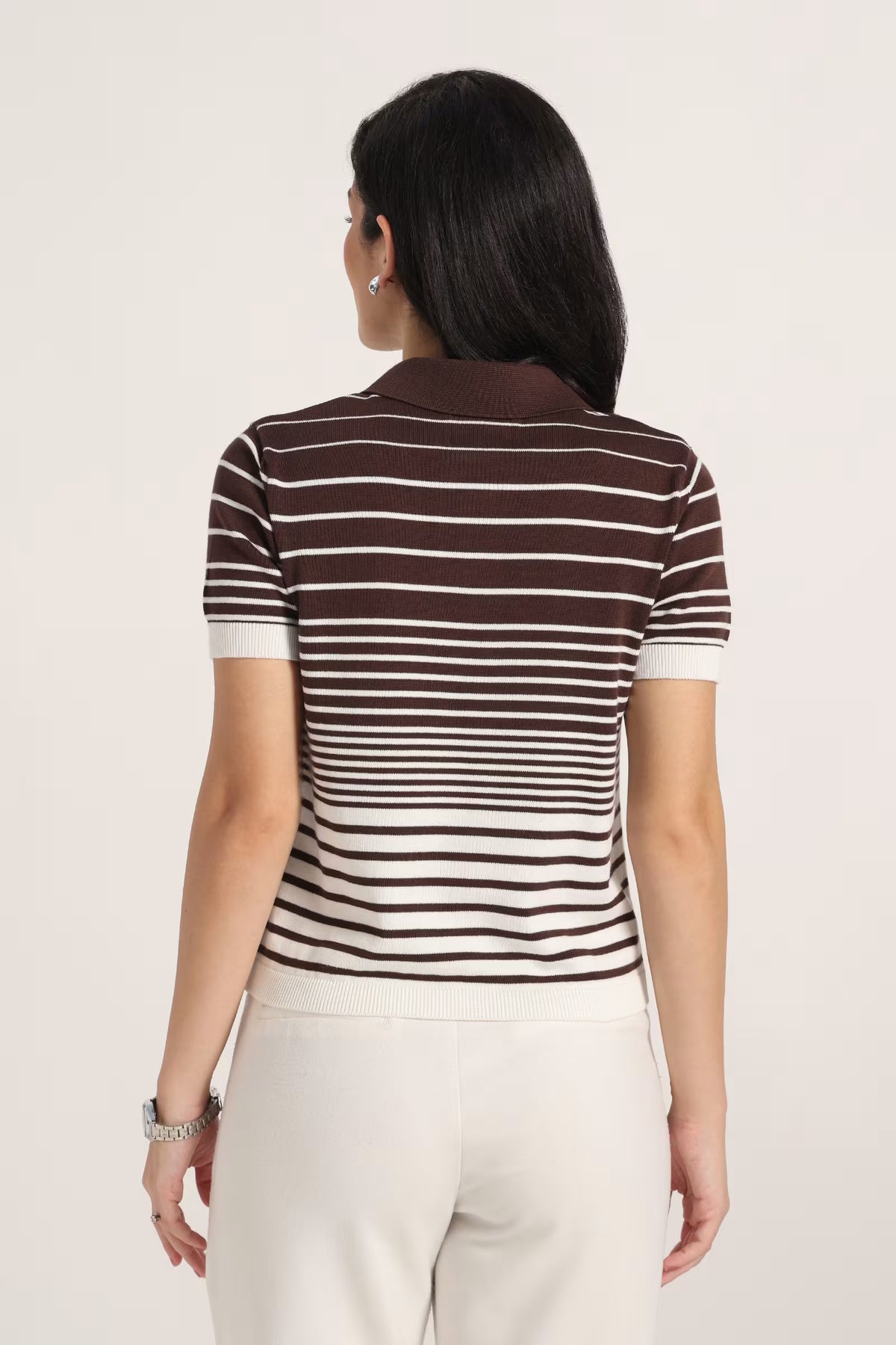 Rauth Women’s Striped Polo Neck T-Shirt Half Sleeve Knitted Top Regular Fit Casual Stylish Ribbed Collar Button Placket T-Shirt for Women