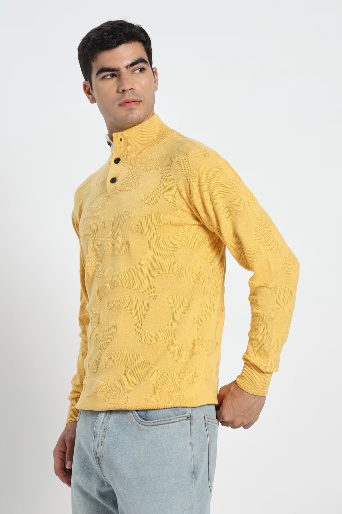 Rauth Men Textured Knitted Mock Neck Full Sleeve Casual T-Shirt / Sweater