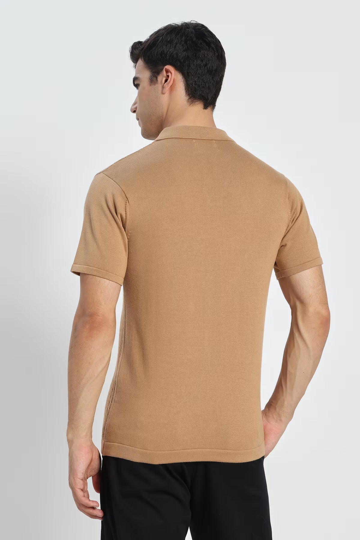 Rauth Men Cable Knitted Textured Polo Collar Casual T-Shirt