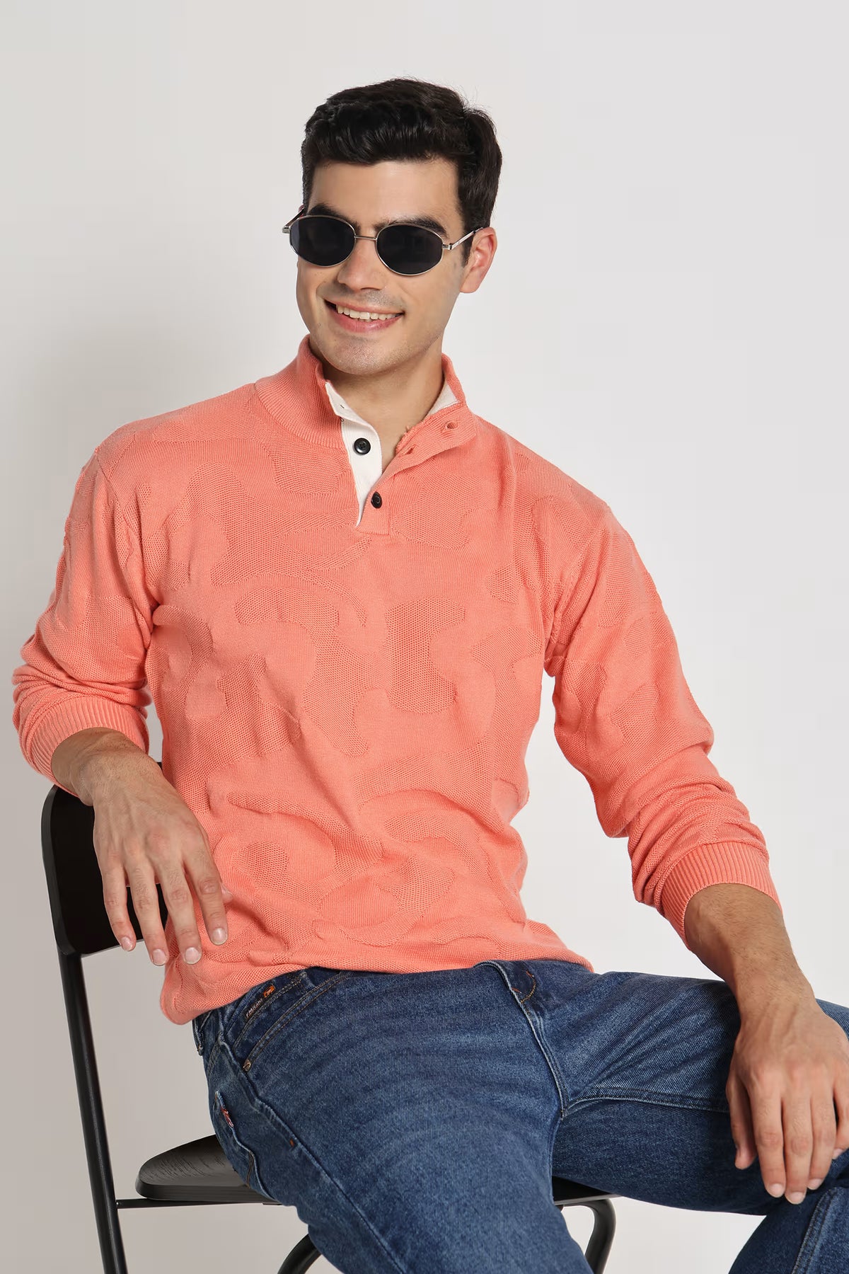 Rauth Men Textured Knitted Mock Neck Full Sleeve Casual T-Shirt / Sweater
