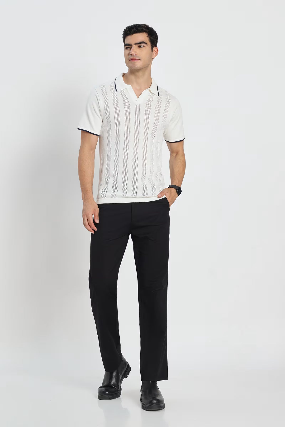 Rauth Men Striped Textured Knitted Polo Collar Casual T-Shirt