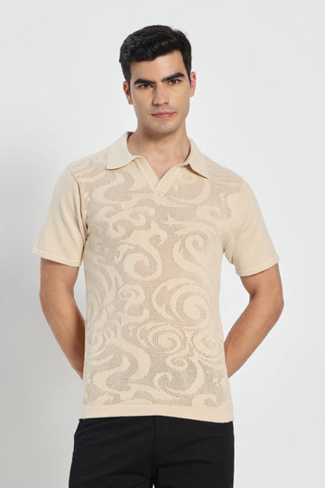 Rauth Men Self-Design Textured Knitted Polo Collar Casual T-Shirt