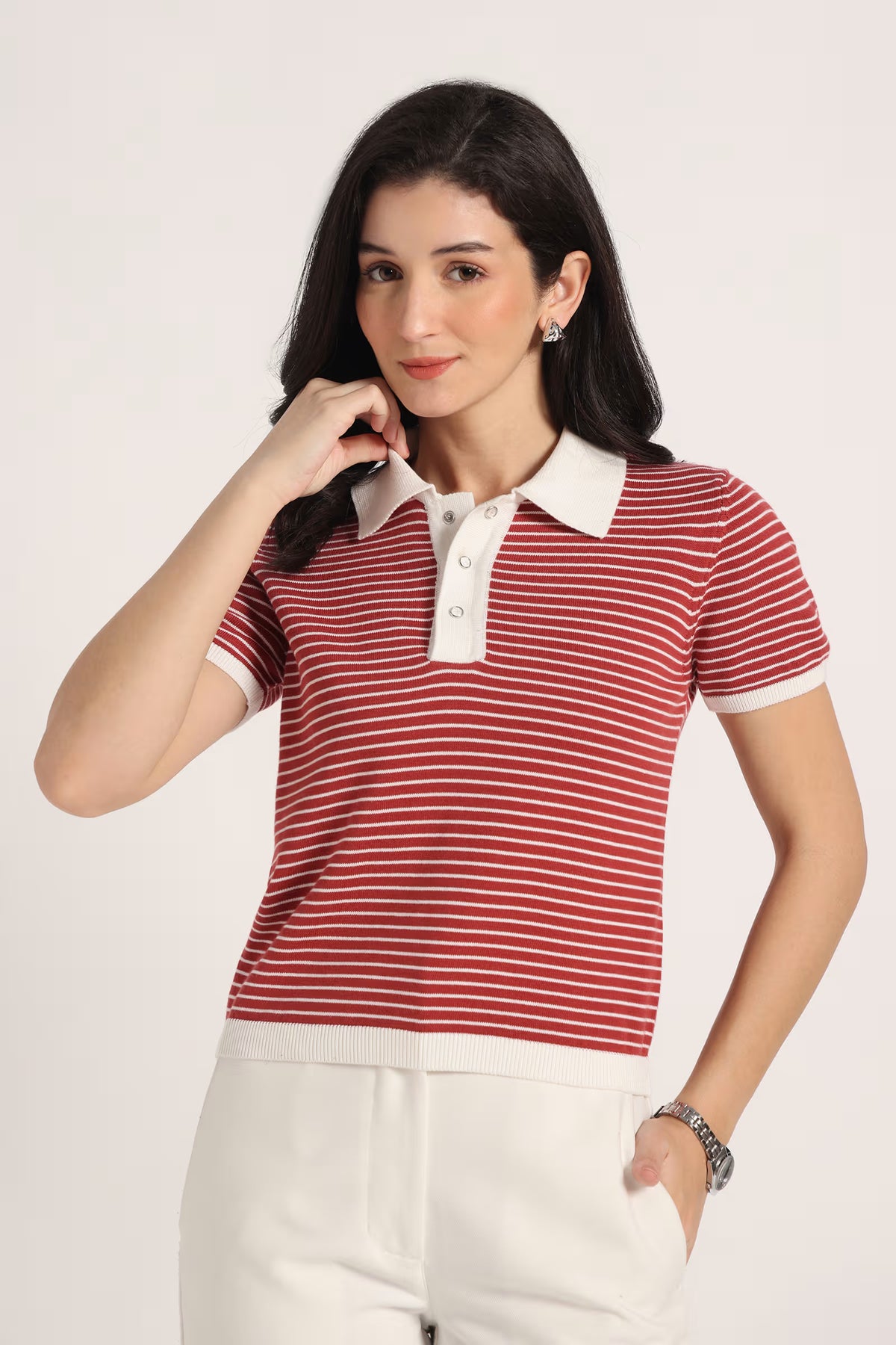 Rauth Women Knitted Polo Collar Top | Short Sleeve Textured Knit T-Shirt | Stylish Casual Western Wear Top for Women
