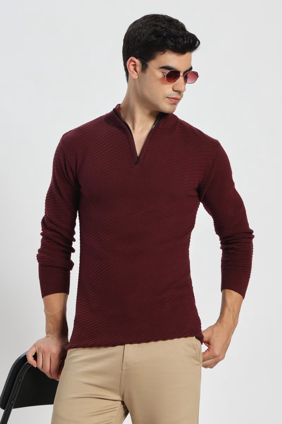 Rauth Men's Solid Half-Zip High Neck Full Sleeve Casual Knitted T-Shirt / Sweater