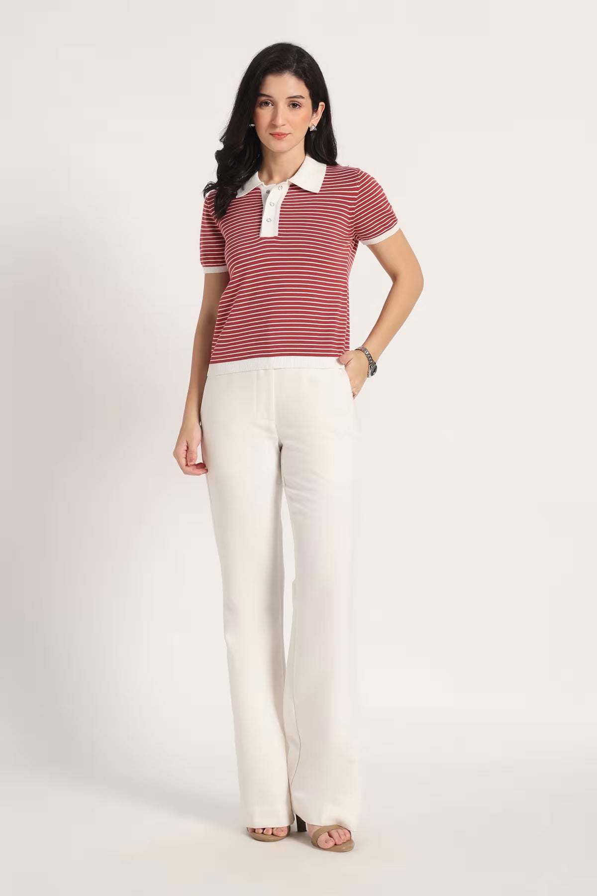 Rauth Women Knitted Polo Collar Top | Short Sleeve Textured Knit T-Shirt | Stylish Casual Western Wear Top for Women
