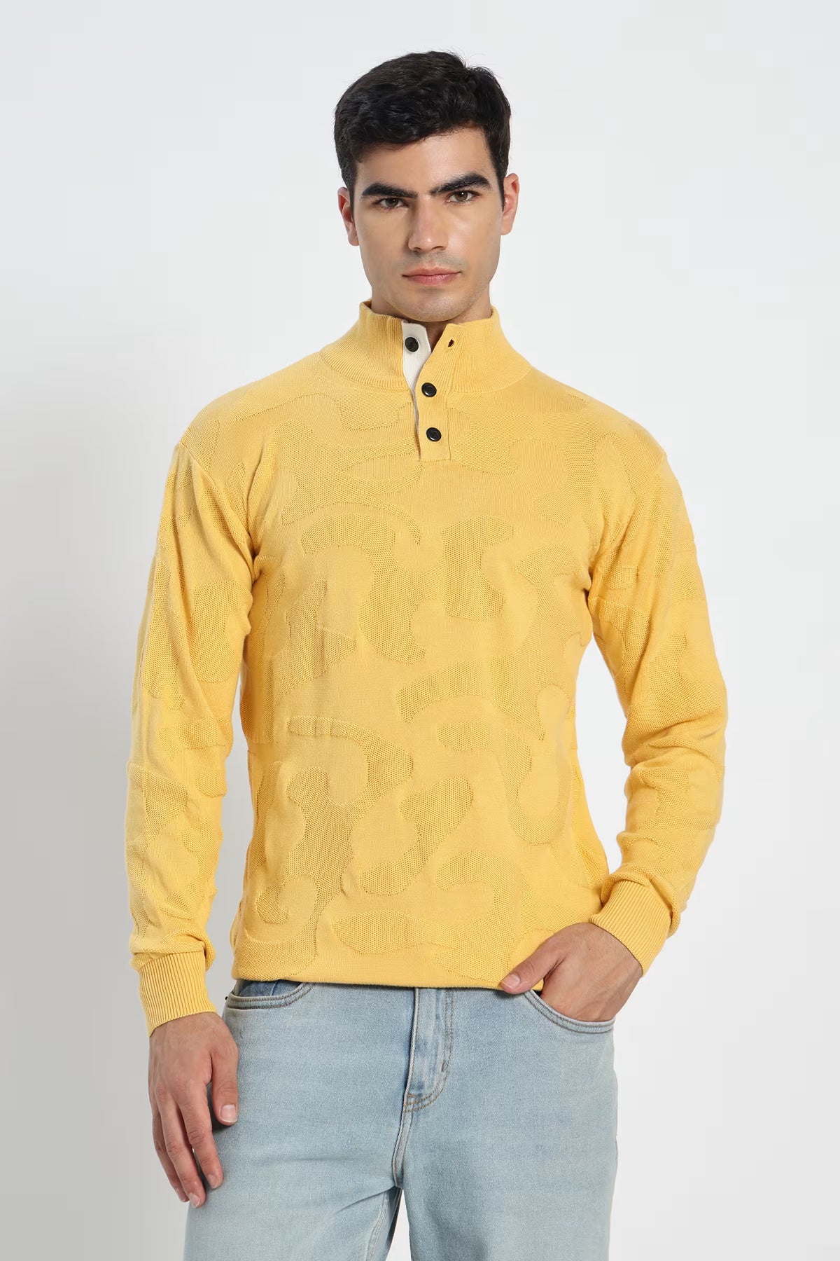 Rauth Men Textured Knitted Mock Neck Full Sleeve Casual T-Shirt / Sweater